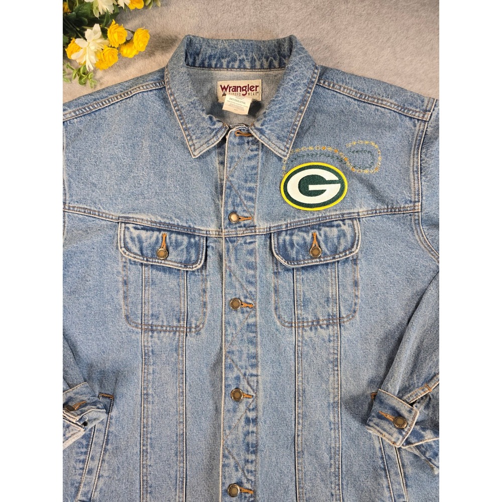 Vintage Wrangler Green Bay Packers Denim Jacket 2XT Embroidered Patches Unique